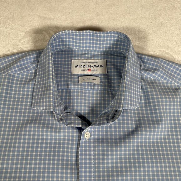 Mizzen Main Shirt Men Size XXL Plaid Blue Trim Fit Long Sleeve Made in USA - Picture 2 of 10